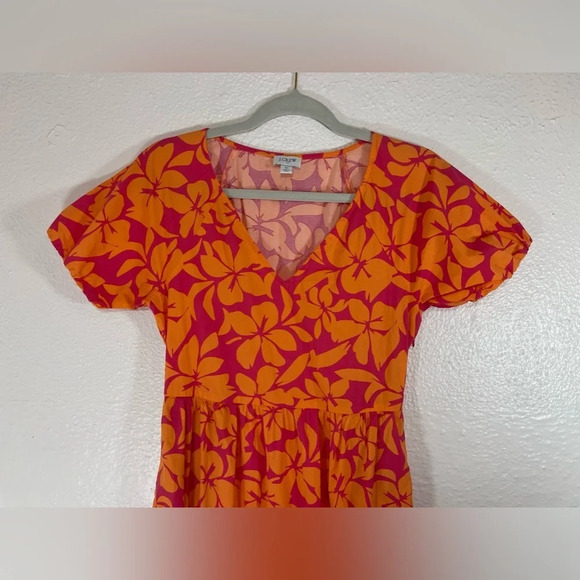 J. Crew Factory Orange Pink Floral Tiered Midi Dress Puff Sleeves V-Neck Size 0 - Picture 3 of 16